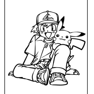May include: A black and white line drawing of a cartoon character wearing a baseball cap and a red shirt, sitting with a yellow cartoon animal. The character is smiling and the animal is looking at the viewer.
