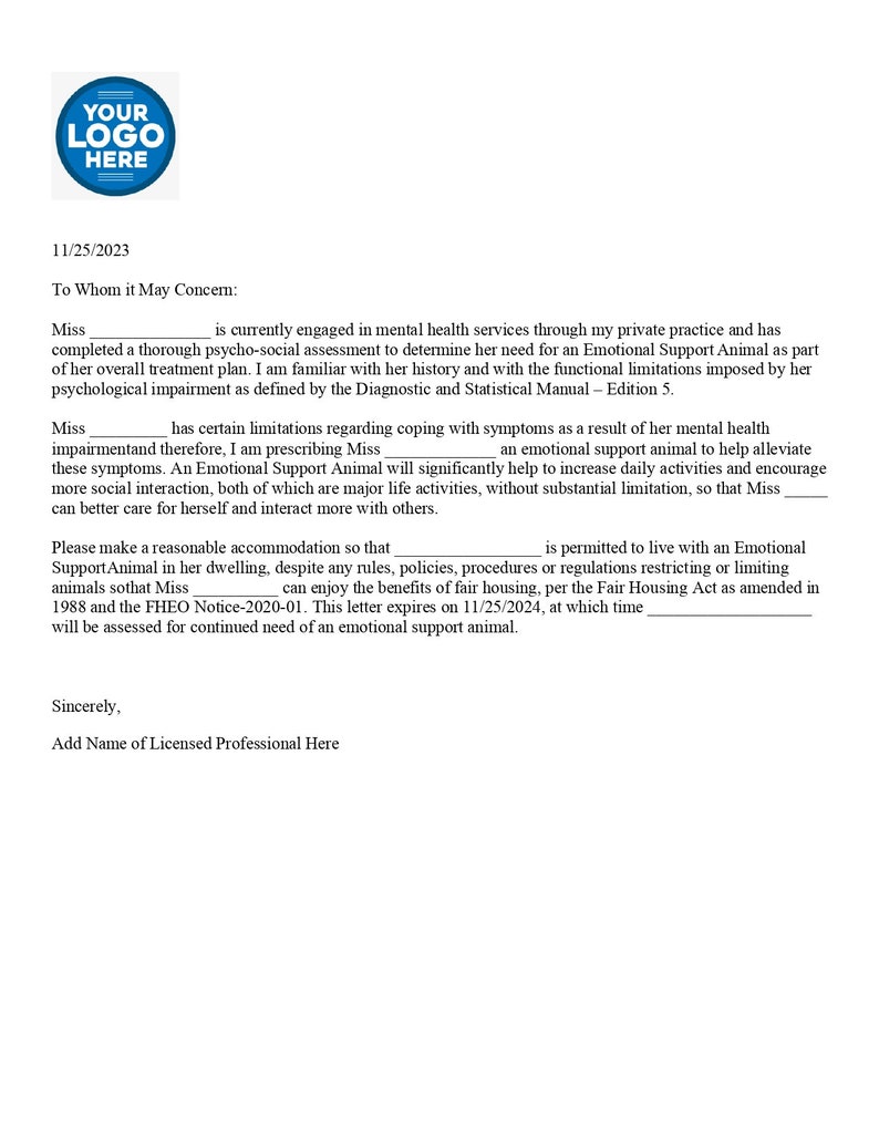 ESA Letter Template for Mental Health Professionals Attorney ESA Letter Template for Mental Health Professionals Attorney