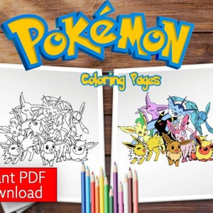 May include: Black and white coloring pages featuring a group of Pokemon characters. The Pokemon are Eevee and its evolutions. The text "Pokemon Coloring Pages" is at the top of the page.