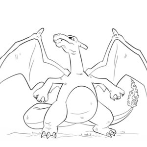 May include: A black and white line drawing of a cartoon dragon with wings and a tail. The dragon is standing on all fours and has its head tilted up.