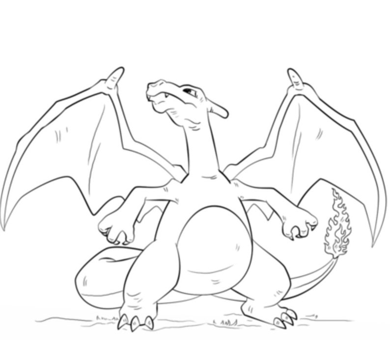 May include: A black and white line drawing of a cartoon dragon with wings and a tail. The dragon is standing on all fours and has its head tilted up.