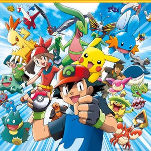 May include: A colorful illustration featuring a group of cartoon characters from the Pokemon franchise. The characters include Pikachu, Bulbasaur, Squirtle, and Charmander. The illustration is set against a bright blue background with white clouds.