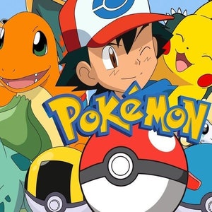May include: A colorful illustration of the Pokemon characters, including Pikachu, Charmander, Bulbasaur, and Squirtle, with the Pokemon logo in the center. The characters are all smiling and looking happy.