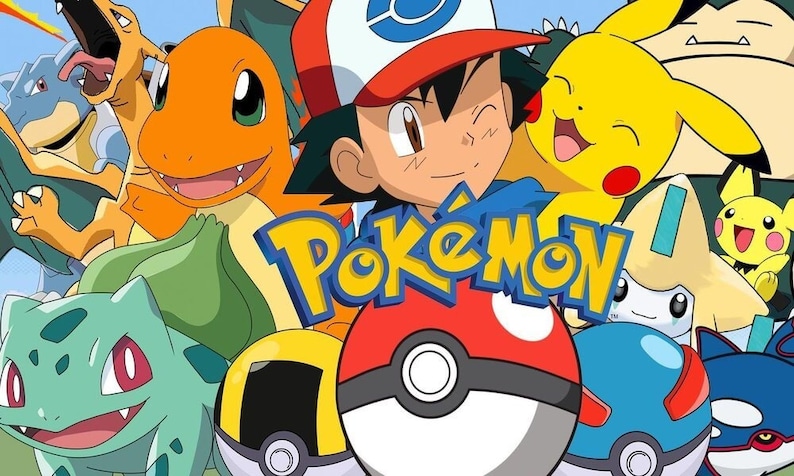 May include: A colorful illustration of the Pokemon characters, including Pikachu, Charmander, Bulbasaur, and Squirtle, with the Pokemon logo in the center. The characters are all smiling and looking happy.