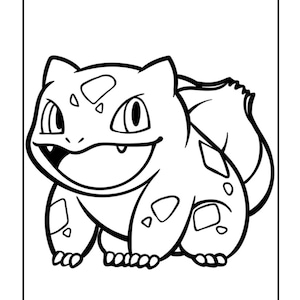 May include: A black and white line drawing of a cartoon Pokemon character. The character is a green, reptilian creature with a large head and a long tail. It has a friendly expression and is standing on all fours.