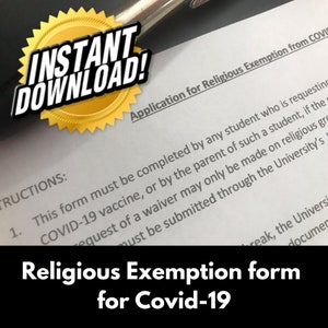 May include: A black and white document with the title "Religious Exemption form for Covid-19". The document is a form for requesting a religious exemption from the COVID-19 vaccine.