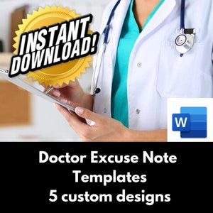 Modèle imprimable d&#39;excuse du médecin | Formulaires du cabinet médical| Excuse de travail modifiable| Microsoft Word modifiable
