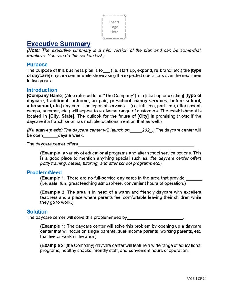 Daycare Business Plan Template 30+ Editable Pages (printable Templates
