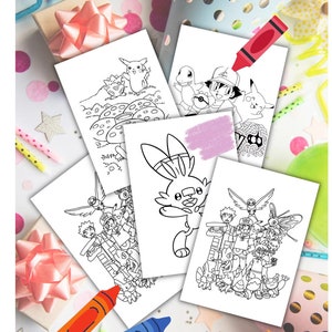 May include: Five black and white coloring pages featuring Pokemon characters. The pages are scattered on a table with colorful crayons and wrapping paper.