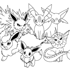 May include: Black and white line drawing of six Pokemon characters. The characters are Eevee, Vaporeon, Jolteon, Flareon, Espeon, and Umbreon.