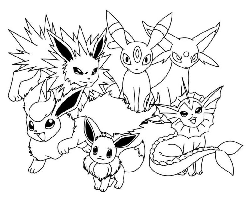 May include: Black and white line drawing of six Pokemon characters. The characters are Eevee, Vaporeon, Jolteon, Flareon, Espeon, and Umbreon.