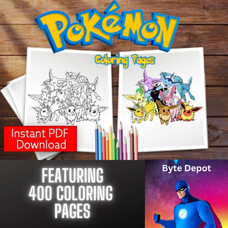 May include: A stack of white paper with a black and white line drawing of Pokemon characters on the front. The paper is labeled "Pokemon Coloring Pages" and "Instant PDF Download". The image also shows a stack of colored pencils and a colorful background.