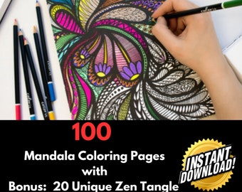 Mandala & Zen Tangle Coloring Pages: 120 Designs (Digital Download)