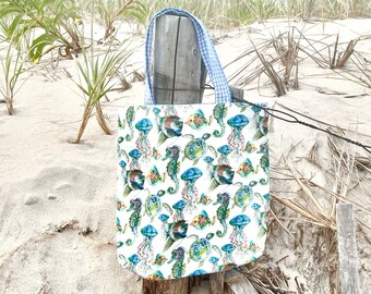 Flower Fish Tote - Fabric Beach Tote Bag, Library Bag, Shopping Totes, Size Small, Blue Gingham