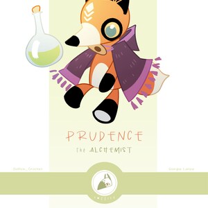 Peut inclure: Un mod&egrave;le de crochet pour un personnage de renard nomm&eacute; Prudence l'alchimiste. Le renard porte une &eacute;charpe violette et rose et tient une fiole de potion verte. Le mod&egrave;le est disponible pour un usage personnel uniquement. Le texte "Soffice Crochet" et "Giorgia Lanza" sont &eacute;galement inclus dans l'image.