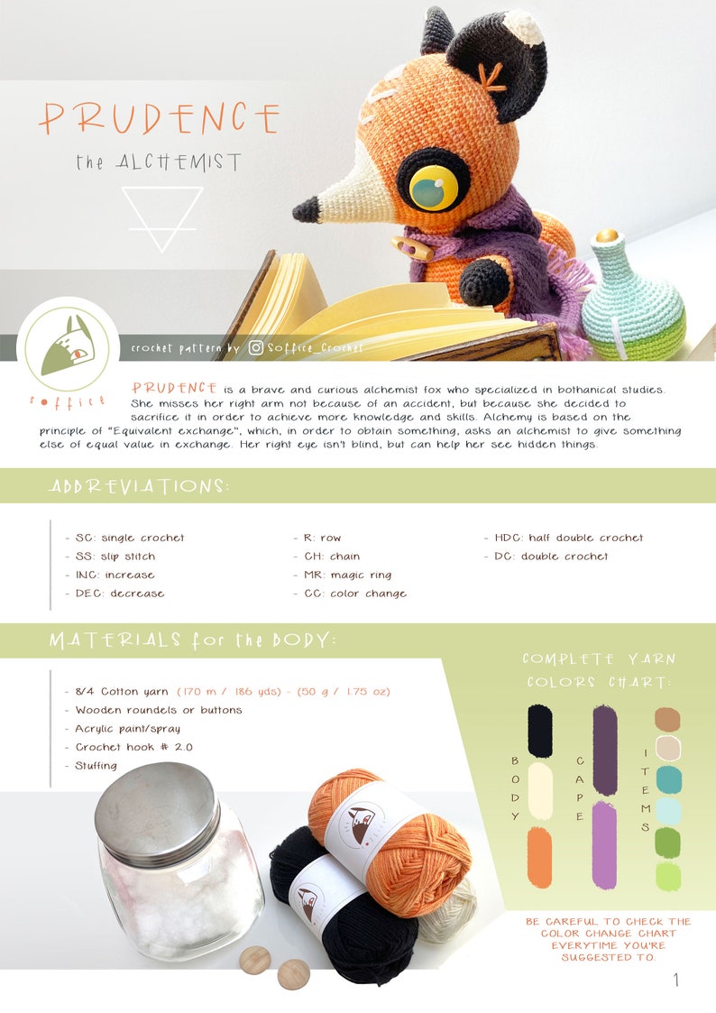Peut inclure: Patron de crochet pour Prudence l'alchimiste, un amigurumi renard &agrave; la fourrure orange, une cape violette et une fiole de potion verte. Le patron comprend des instructions, des abr&eacute;viations, des mat&eacute;riaux et un tableau des couleurs de fil.