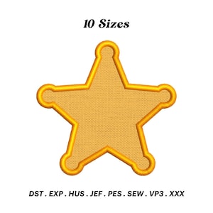 May include: A gold star-shaped badge with a tan centre. The badge is available in 10 sizes and in the following formats: DST, EXP, HUS, JEF, PES, SEW, VP3, XXX.