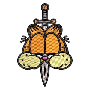 May include: An orange tabby cat with a sword through its head. The cat has a sad expression on its face. The sword is silver with a black handle.