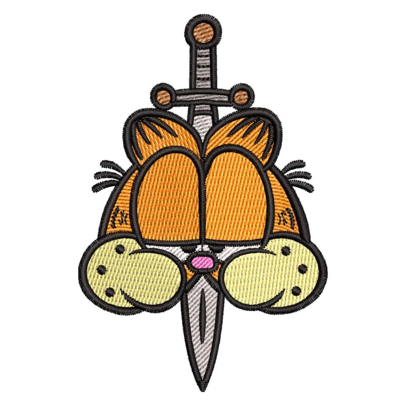 May include: An orange tabby cat with a sword through its head. The cat has a sad expression on its face. The sword is silver with a black handle.
