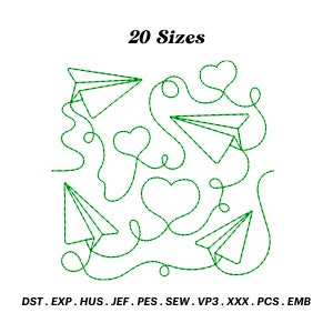 May include: Green outline embroidery design of paper airplanes and hearts. 20 Sizes. DST, EXP, HUS, JEF, PES, SEW, VP3, XXX, PCS, EMB.