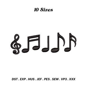 May include: Black and white musical note embroidery design with 10 sizes available in the following formats: DST, EXP, HUS, JEF, PES, SEW, VP3, XXX.