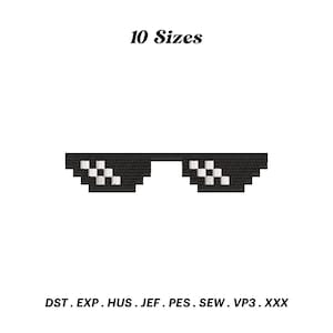 Op de afbeelding: Zwarte gepixelde zonnebril met witte highlights, een populair meme-ontwerp. De afbeelding bevat de tekst "10 Maten" boven de zonnebril en bestandstype-afkortingen eronder.