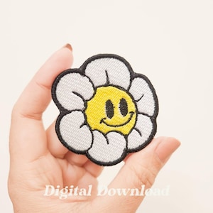 May include: White embroidered flower patch with a yellow smiley face in the center. The patch has black stitching around the edges.