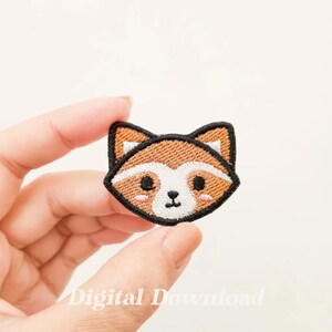 May include: Embroidered patch featuring a cartoon raccoon face. The patch has a brown and white face with black accents and a black border. The raccoon has pink cheeks and a small black nose. The text "Digital Download" is at the bottom.