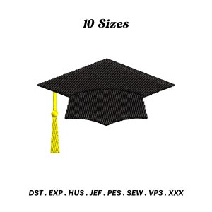 May include: Black graduation cap with a yellow tassel. 10 Sizes. DST, EXP, HUS, JEF, PES, SEW, VP3, XXX.