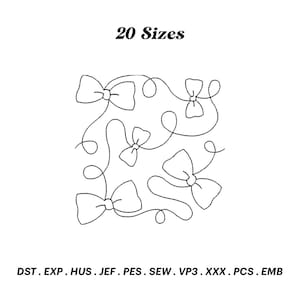 May include: A black and white line drawing of five bows with swirls. The text "20 Sizes" is at the top of the image. The text "DST. EXP. HUS. JEF. PES. SEW. VP3. XXX. PCS. EMB" is at the bottom of the image.