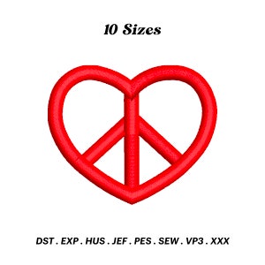 May include: Red peace sign inside a heart shape. 10 Sizes. DST, EXP, HUS, JEF, PES, SEW, VP3, XXX.
