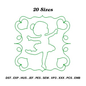 Könnte beinhalten: Eine grüne Linienzeichnung einer Ballerina in einem herzförmigen Rahmen. Der Text "20 Größen" befindet sich über dem Bild. Der Text "DST. EXP. HUS. JEF. PES. SEW. VP3. XXX. PCS. EMB" befindet sich unter dem Bild.