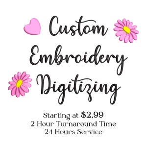 May include: Custom Embroidery Digitizing starting at $2.99. 2 Hour Turnaround Time. 24 Hours Service. The image features pink flowers and a heart.