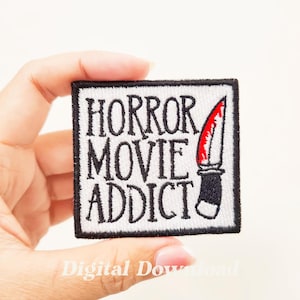 Diseño de bordado de adicto a las películas de terror, parche de bordado de terror, bordado de películas, bordado digital, descarga digital