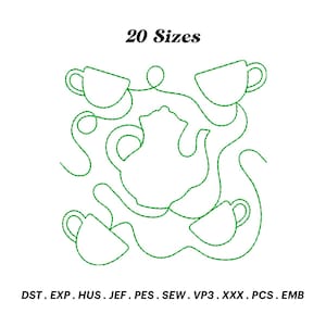 May include: A green line drawing of a teapot and four teacups. The text "20 Sizes" is at the top of the image. The text "DST. EXP. HUS. JEF. PES. SEW. VP3. XXX. PCS. EMB" is at the bottom of the image.