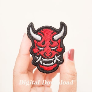 May include: Embroidered patch featuring a red Oni mask with white horns and teeth, outlined in black. The patch is held in a hand. The text "Digital Download" is visible at the bottom.