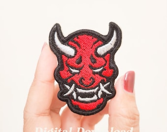 Oni Mask Embroidery Design: Japanese Devil Patch (Digital Download)