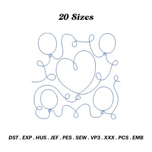 May include: A digital embroidery design of four balloons tied together with a heart shape in the centre. The design is outlined in blue thread and includes the text "20 Sizes".