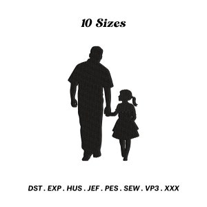 Può includere: Silhouette nera di un padre e una figlia che si tengono per mano. L'immagine include il testo "10 Taglie" in alto e le abbreviazioni dei tipi di file in basso. Il padre indossa una camicia a maniche corte e la figlia un vestito.