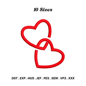 Puede incluir: Dos corazones rojos entrelazados, formando una sola forma. Los corazones están delineados en un rojo más oscuro, creando un efecto 3D. La imagen está etiquetada "10 tamaños" y "DST. EXP. HUS. JEF. PES. SEW. VP3. XXX".