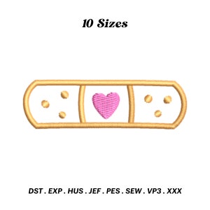 May include: A gold embroidered design of a bandage with a pink heart in the center. The design is available in 10 sizes and in the following formats: DST, EXP, HUS, JEF, PES, SEW, VP3, XXX.