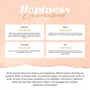 以下が含まれることがあります： ピンクの背景に、「Happiness Guaranteed」という白いテキストが重ねられています。5つ星の評価と、販売者の商品とサービスに関する肯定的なコメントが書かれた顧客レビューが4つ表示されています。