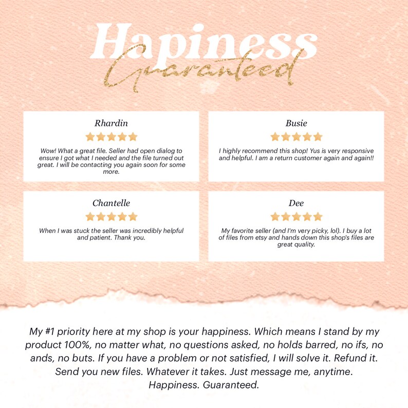 以下が含まれることがあります： ピンクの背景に、「Happiness Guaranteed」という白いテキストが重ねられています。5つ星の評価と、販売者の商品とサービスに関する肯定的なコメントが書かれた顧客レビューが4つ表示されています。