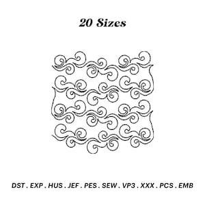 May include: A black and white digital embroidery design of a repeating pattern of stylized clouds. The design is available in 20 sizes and in the following formats: DST, EXP, HUS, JEF, PES, SEW, VP3, XXX, PCS, EMB.