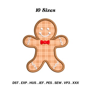 May include: A gingerbread man embroidery design with a plaid pattern and a red bow tie. The design is available in 10 sizes.  DST, EXP, HUS, JEF, PES, SEW, VP3, XXX.