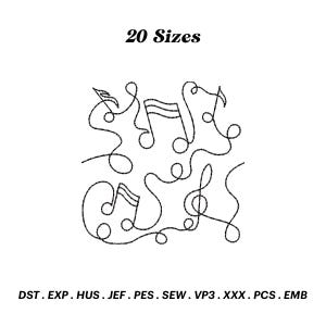 May include: Black and white line art design of musical notes and a treble clef. The design is available in 20 sizes.  The file formats included are DST, EXP, HUS, JEF, PES, SEW, VP3, XXX, PCS, and EMB.