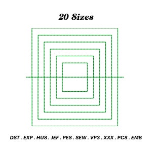 Könnte beinhalten: Ein digitales Stickmuster eines Quadrats mit 20 verschiedenen Größen. Das Design ist in folgenden Formaten verfügbar: DST, EXP, HUS, JEF, PES, SEW, VP3, XXX, PCS, EMB.
