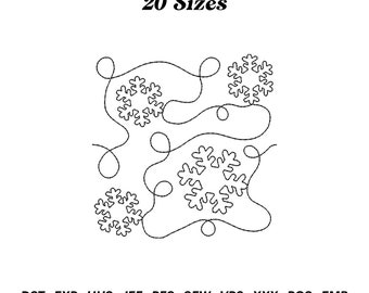 May include: A black and white line drawing of four snowflakes connected by a continuous line. The text "20 Sizes" is at the top of the image. The text "DST. EXP. HUS. JEF. PES. SEW. VP3. XXX. PCS. EMB" is at the bottom of the image.