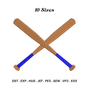 May include: Two brown wooden baseball bats crossed over each other with blue handles. The bats are against a white background. The text "10 Sizes" is above the bats. The text "DST. EXP. HUS. JEF. PES. SEW. VP3. XXX" is below the bats.