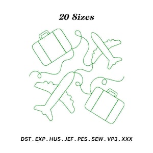 May include: Green line art design of suitcases and airplanes. The design includes the text "20 Sizes". The text "DST. EXP. HUS. JEF. PES. SEW. VP3. XXX" is at the bottom of the design.